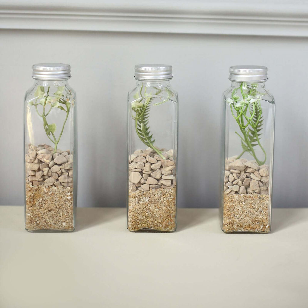 12 - Pack Glass Jars French Square Design Clear with Aluminum Caps - Refillable Storage Bottles for Pantry & Organization 7" 12oz - Bell Racket Store