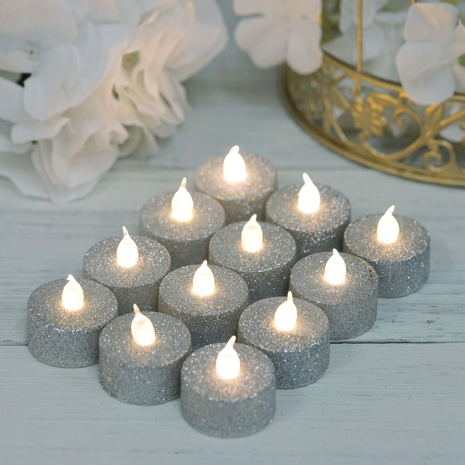 12-Pack LED Tealight Candles Glitter Silver Design - Flameless Battery Operated Tea Lights