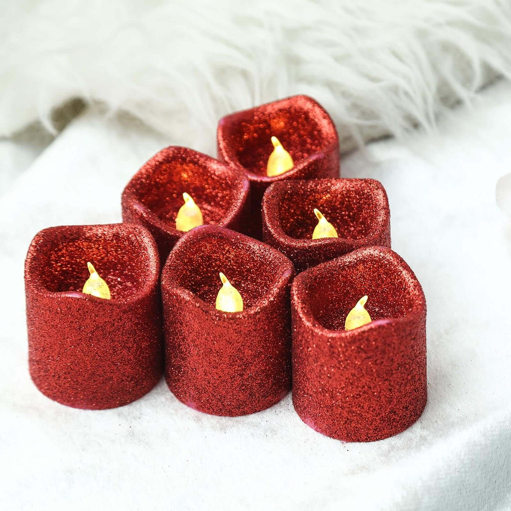 12-Pack LED Votive Candles Glittered Red Design - Reusable Flameless Battery Operated Lights