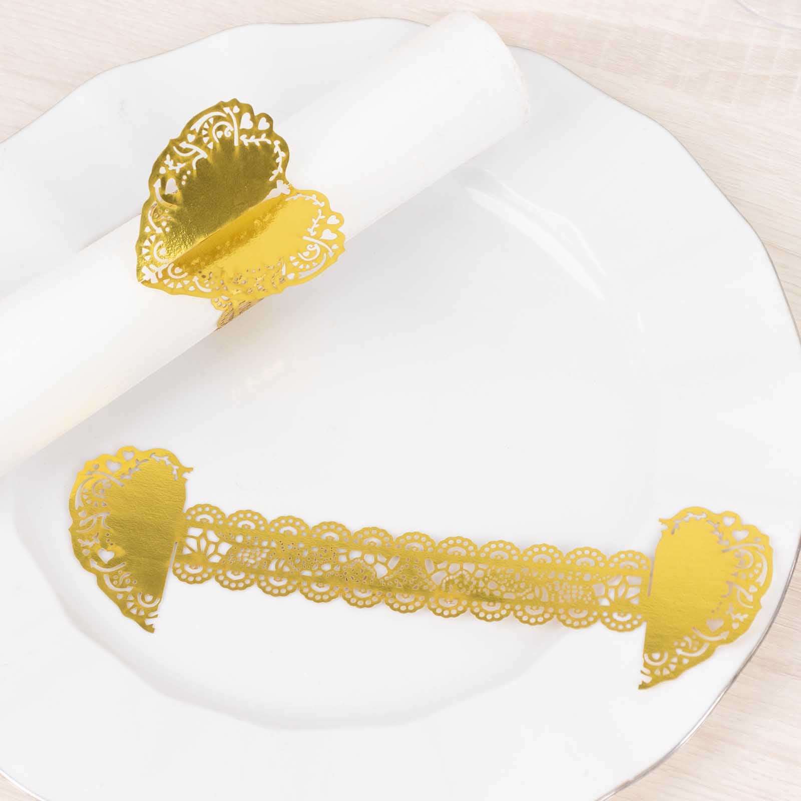 12 Pack Metallic Gold Foil Laser Cut Heart Paper Napkin Holders with Lace Pattern, Disposable Napkin Rings Bands - Bell Racket Store