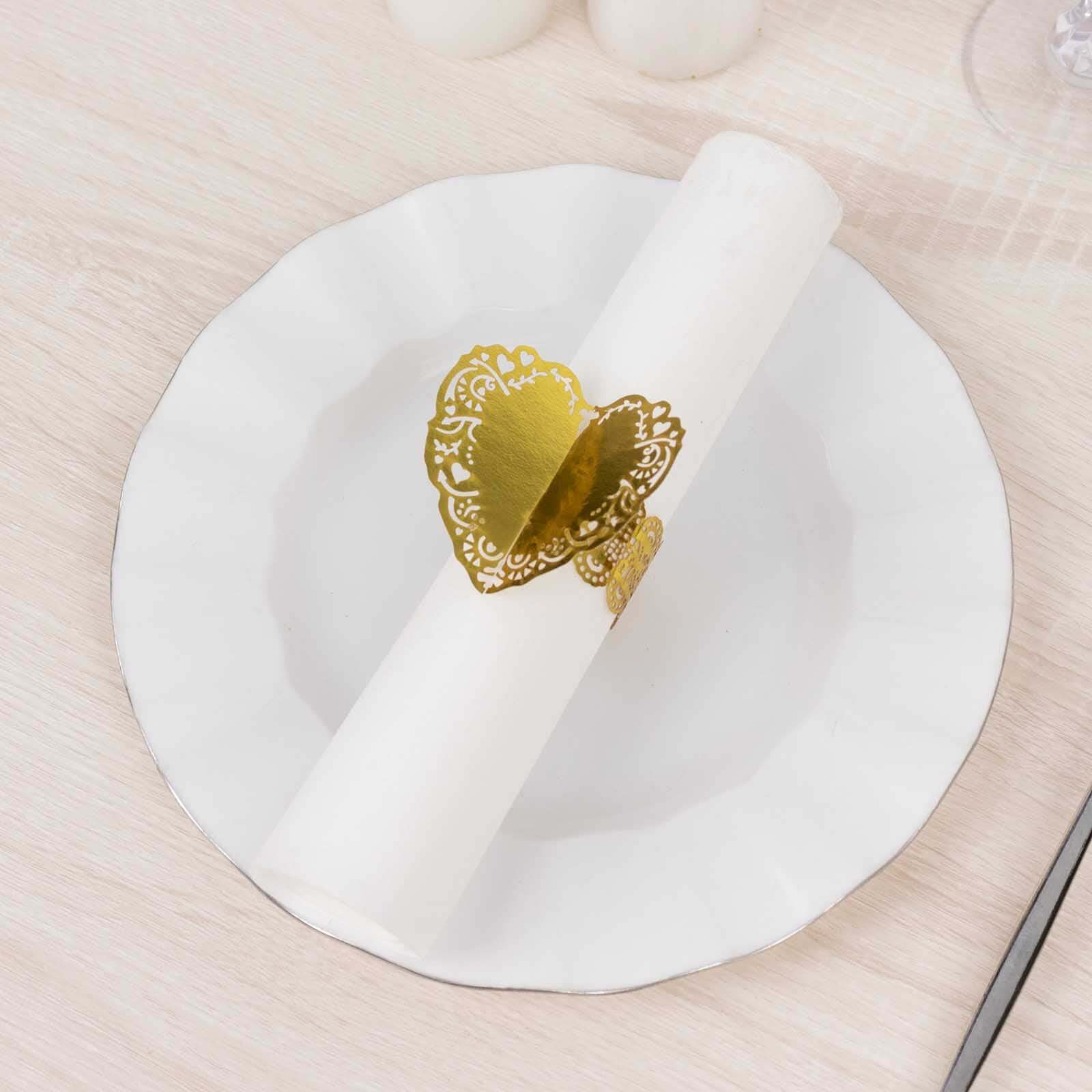 12 Pack Metallic Gold Foil Laser Cut Heart Paper Napkin Holders with Lace Pattern, Disposable Napkin Rings Bands - Bell Racket Store