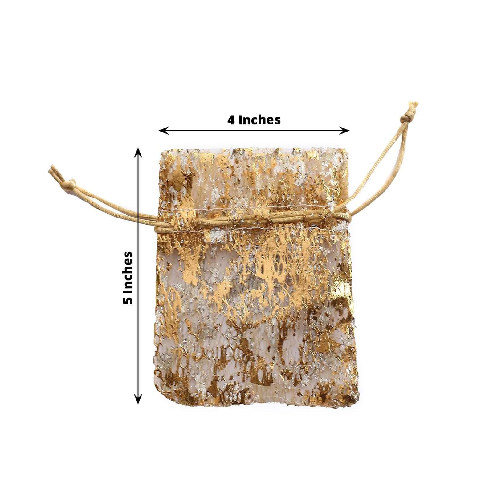 12 Pack Metallic Gold Foil Polyester Drawstring Candy Bags, Wedding Party Favor Bags - 4"x5" - Bell Racket Store