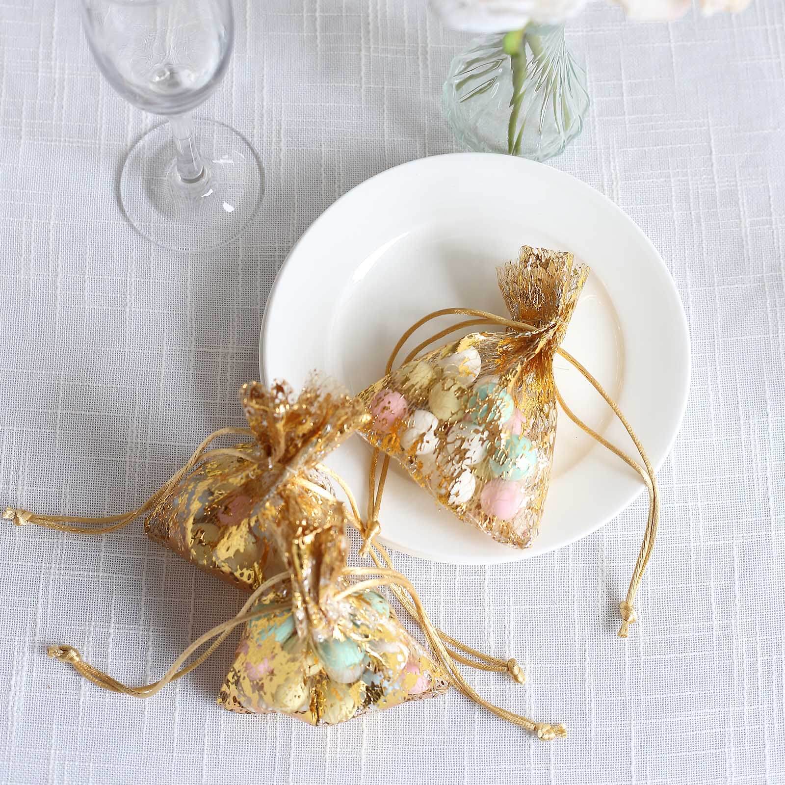 12 Pack Metallic Gold Foil Polyester Drawstring Candy Bags, Wedding Party Favor Bags - 4"x5" - Bell Racket Store