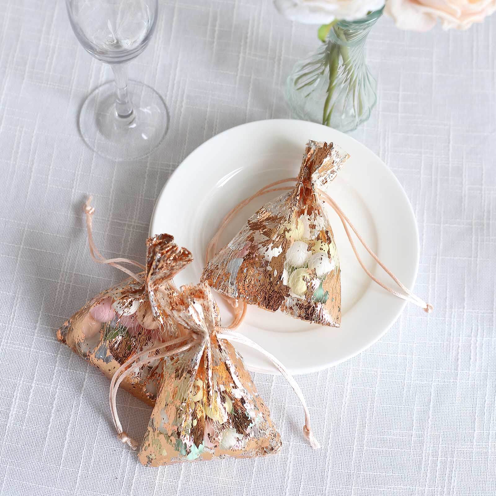 12 Pack Metallic Rose Gold Foil Polyester Drawstring Candy Bags, Wedding Party Favor Bags - 4"x5" - Bell Racket Store