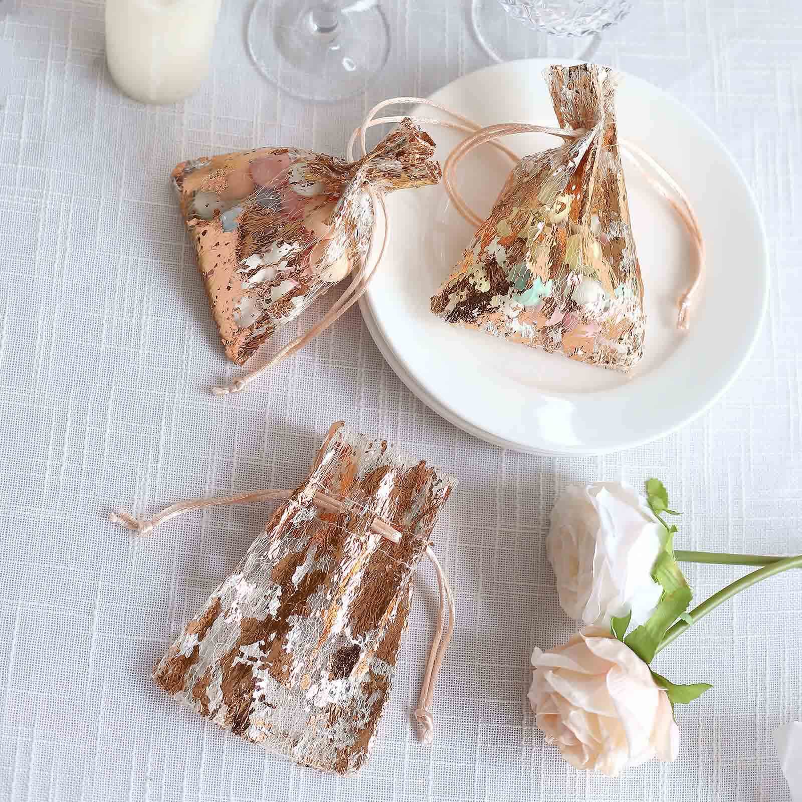 12 Pack Metallic Rose Gold Foil Polyester Drawstring Candy Bags, Wedding Party Favor Bags - 4"x5" - Bell Racket Store