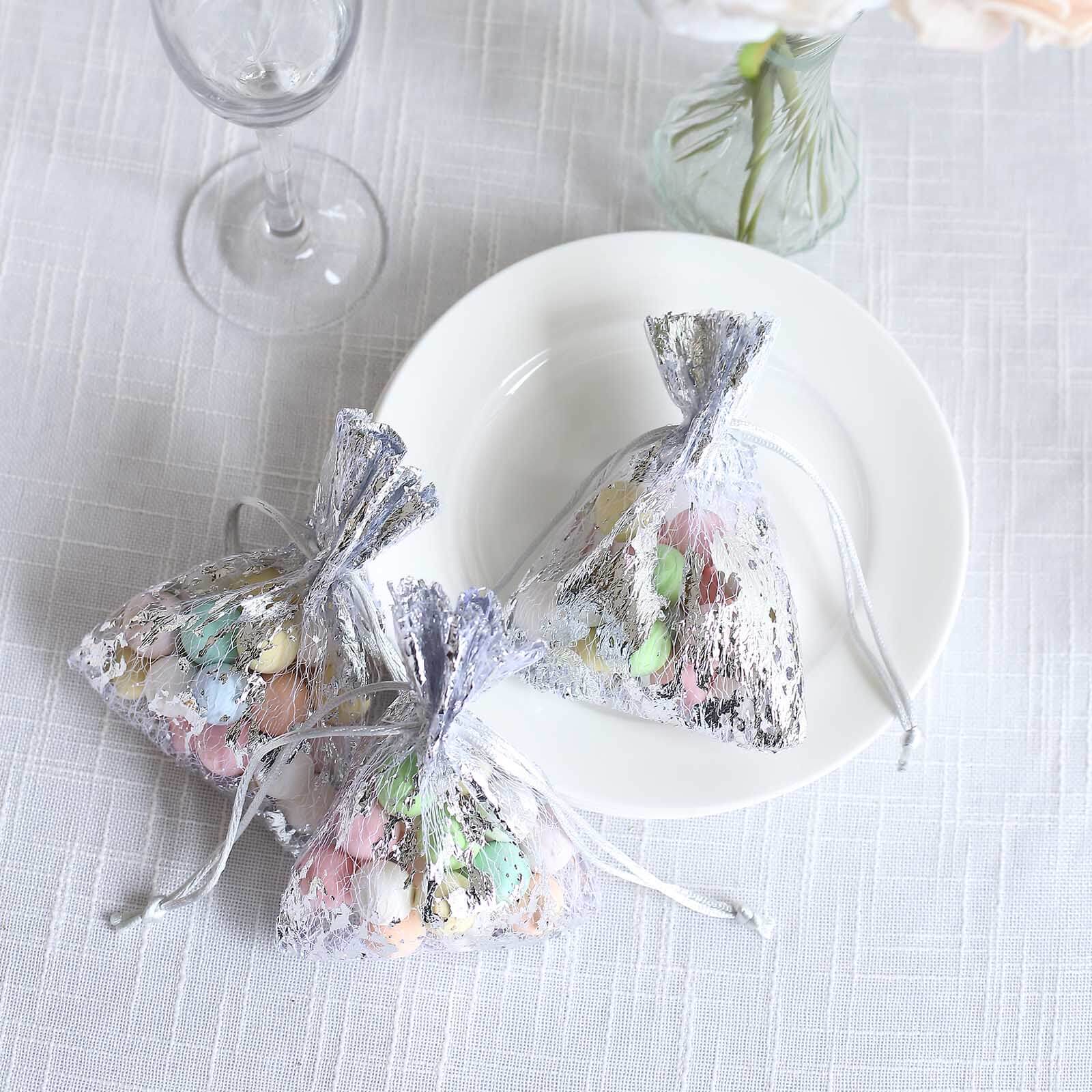 12 Pack Metallic Silver Foil Polyester Drawstring Candy Bags, Wedding Party Favor Bags - 4"x5" - Bell Racket Store