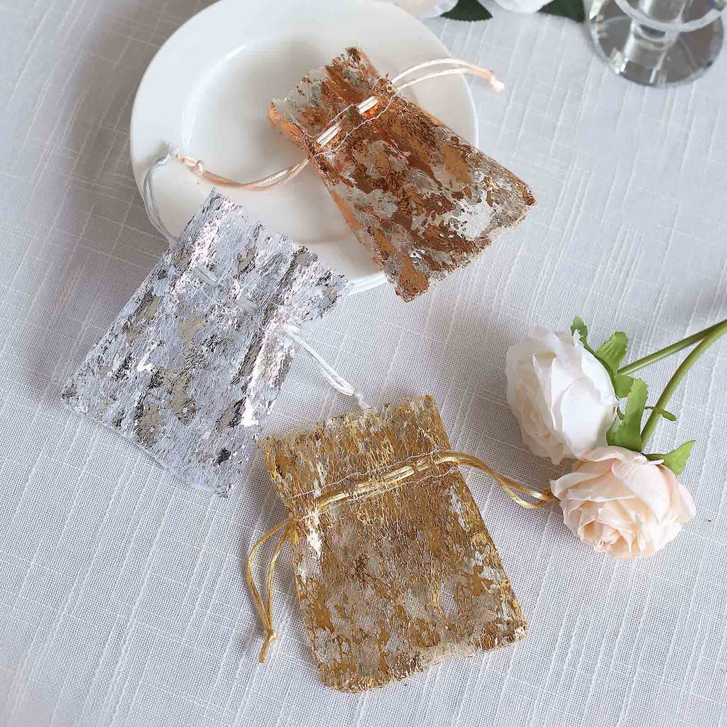 12 Pack Metallic Silver Foil Polyester Drawstring Candy Bags, Wedding Party Favor Bags - 4"x5" - Bell Racket Store