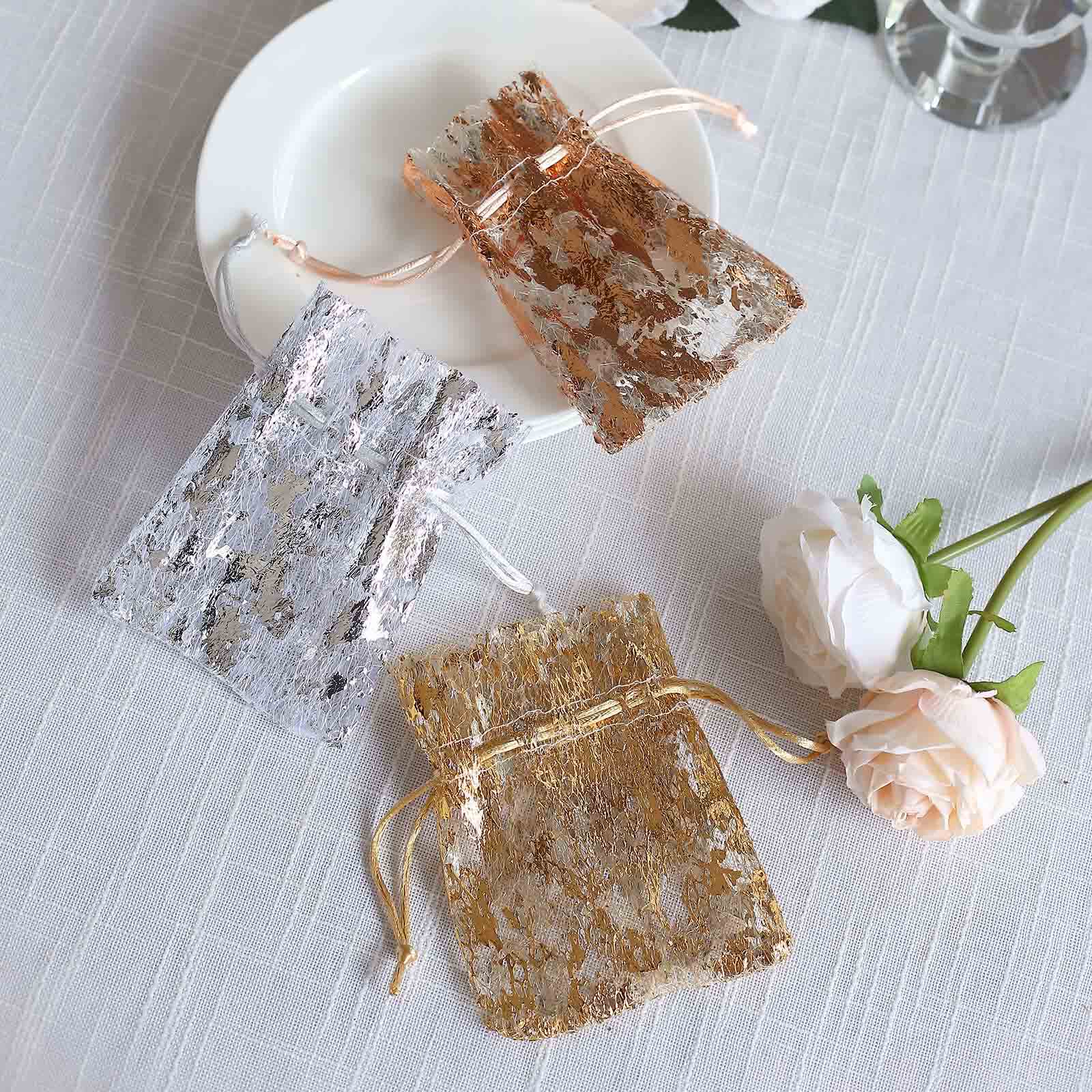 12 Pack Metallic Silver Foil Polyester Drawstring Candy Bags, Wedding Party Favor Bags - 4"x5" - Bell Racket Store