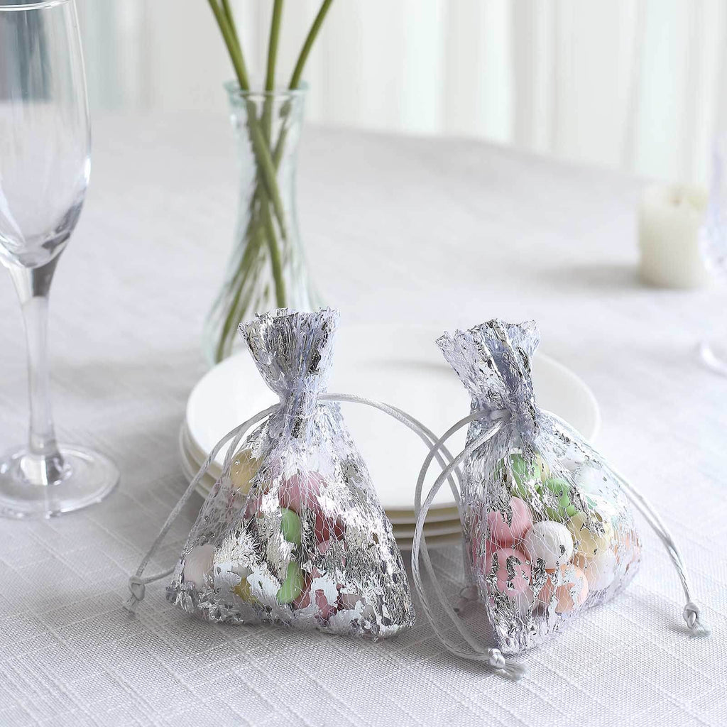 12 Pack Metallic Silver Foil Polyester Drawstring Candy Bags, Wedding Party Favor Bags - 4"x5" - Bell Racket Store