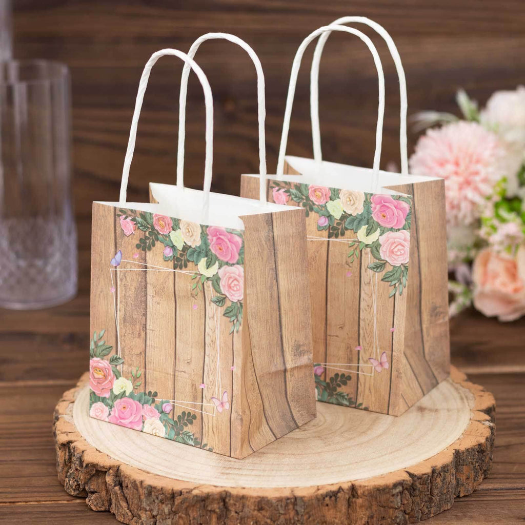 12 Pack Natural Wood Print Paper Party Favor Bags with Rose Floral Accent, Small Gift Goodie Bags With Handles - 4"x5" - Bell Racket Store