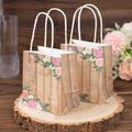 12 Pack Natural Wood Print Paper Party Favor Bags with Rose Floral Accent, Small Gift Goodie Bags With Handles - 4"x5" - Bell Racket Store