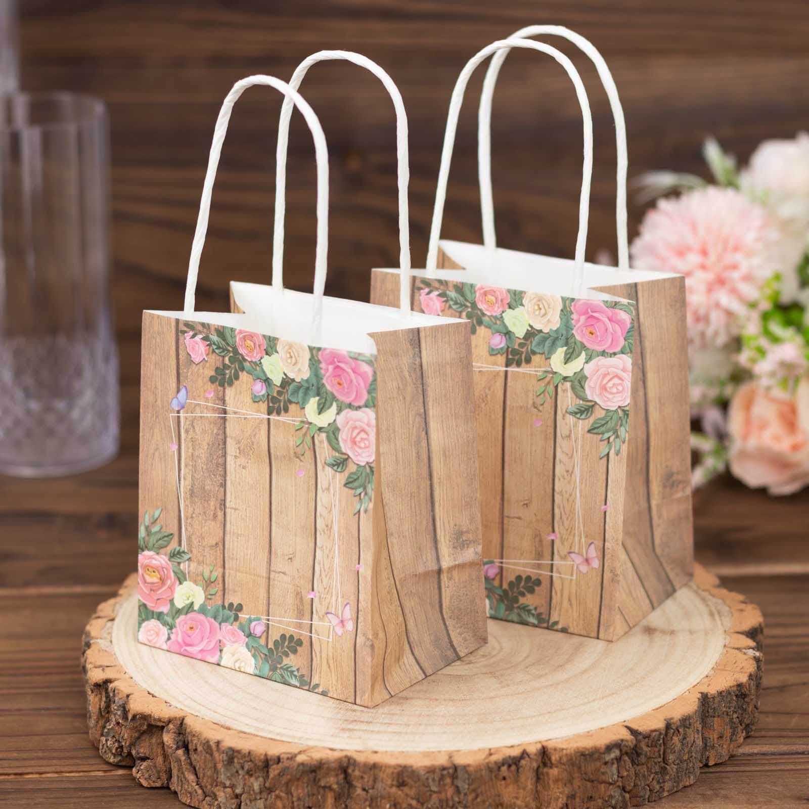12 Pack Natural Wood Print Paper Party Favor Bags with Rose Floral Accent, Small Gift Goodie Bags With Handles - 4"x5" - Bell Racket Store