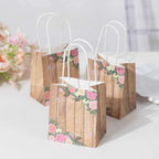 12 Pack Natural Wood Print Paper Party Favor Bags with Rose Floral Accent, Small Gift Goodie Bags With Handles - 4"x5" - Bell Racket Store