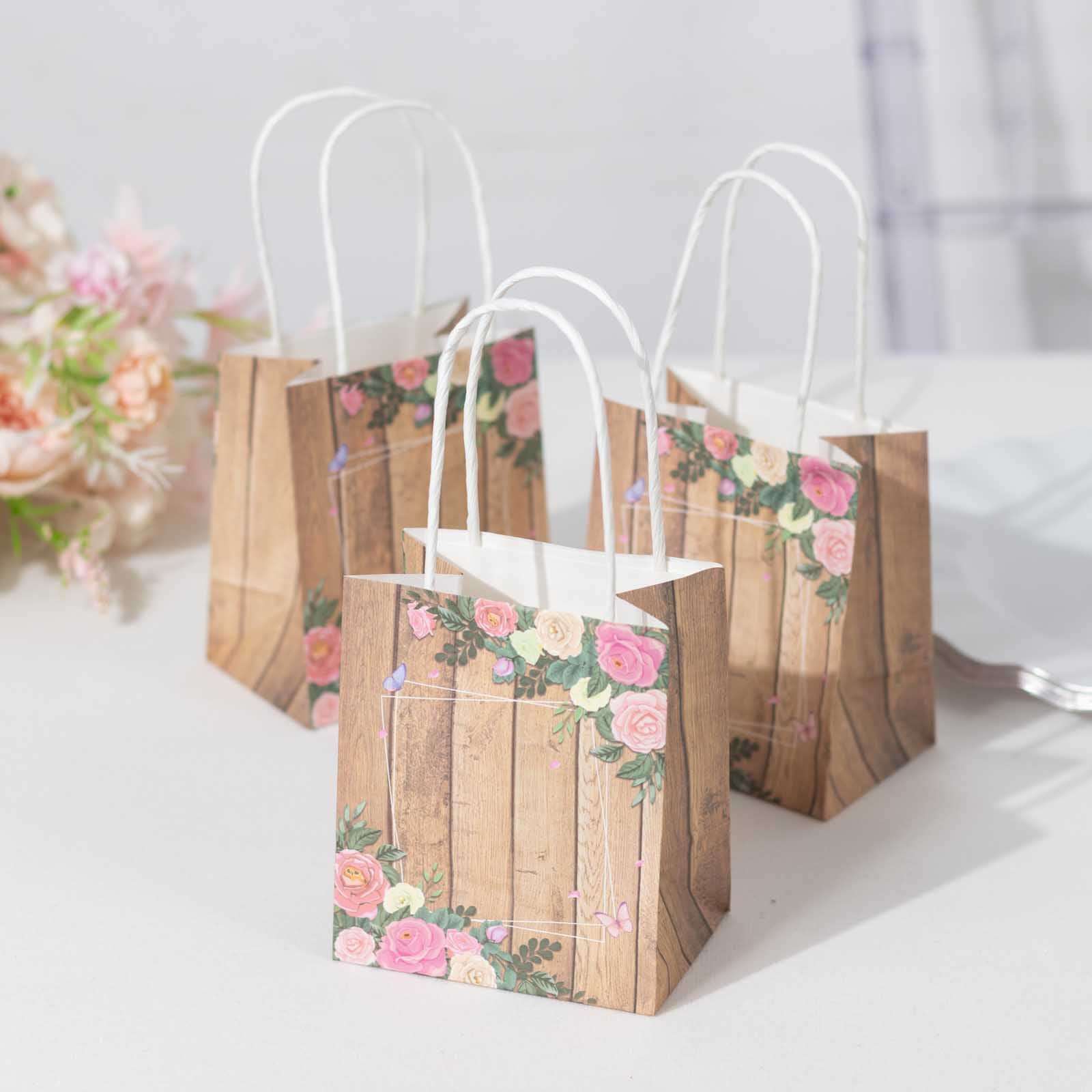 12 Pack Natural Wood Print Paper Party Favor Bags with Rose Floral Accent, Small Gift Goodie Bags With Handles - 4"x5" - Bell Racket Store