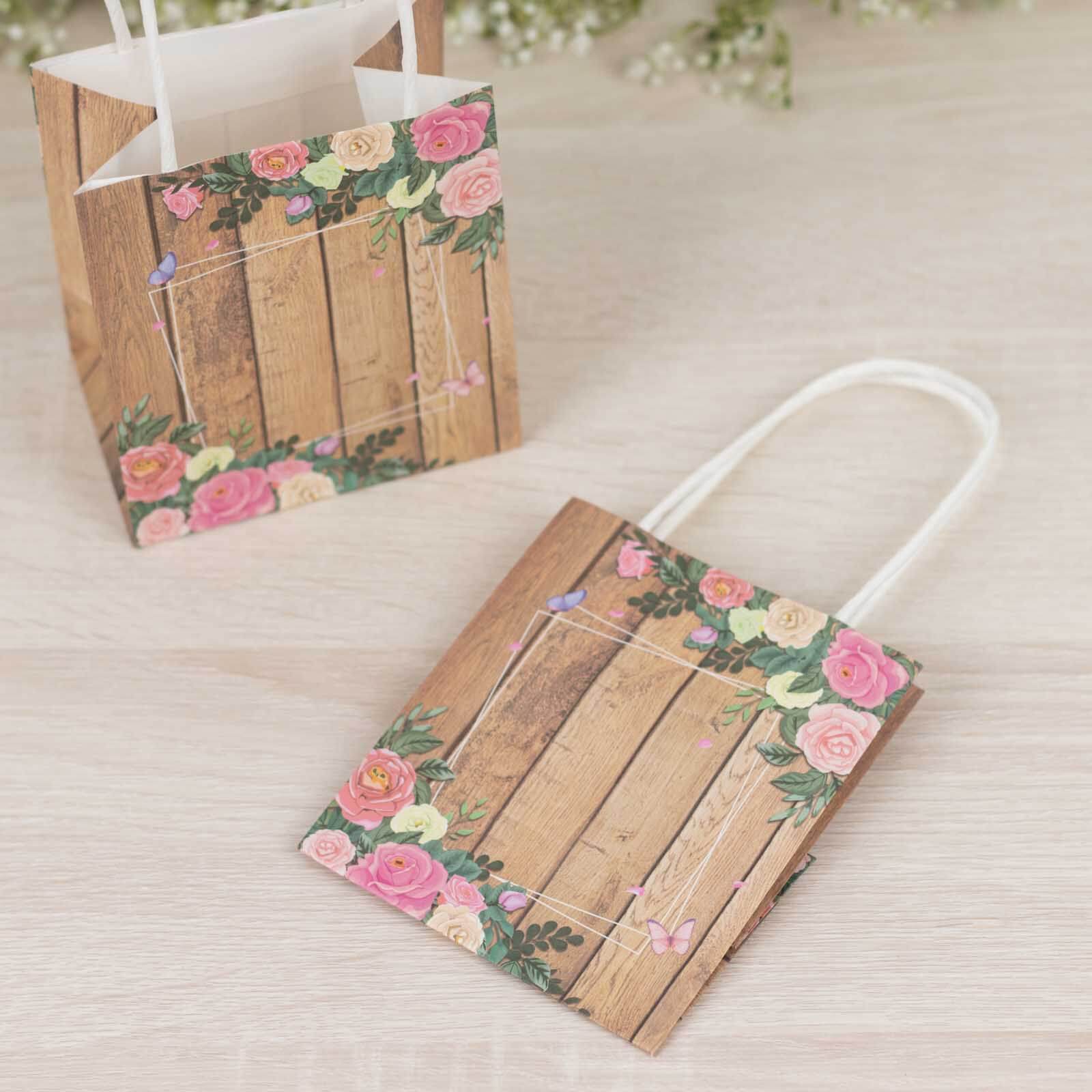 12 Pack Natural Wood Print Paper Party Favor Bags with Rose Floral Accent, Small Gift Goodie Bags With Handles - 4"x5" - Bell Racket Store