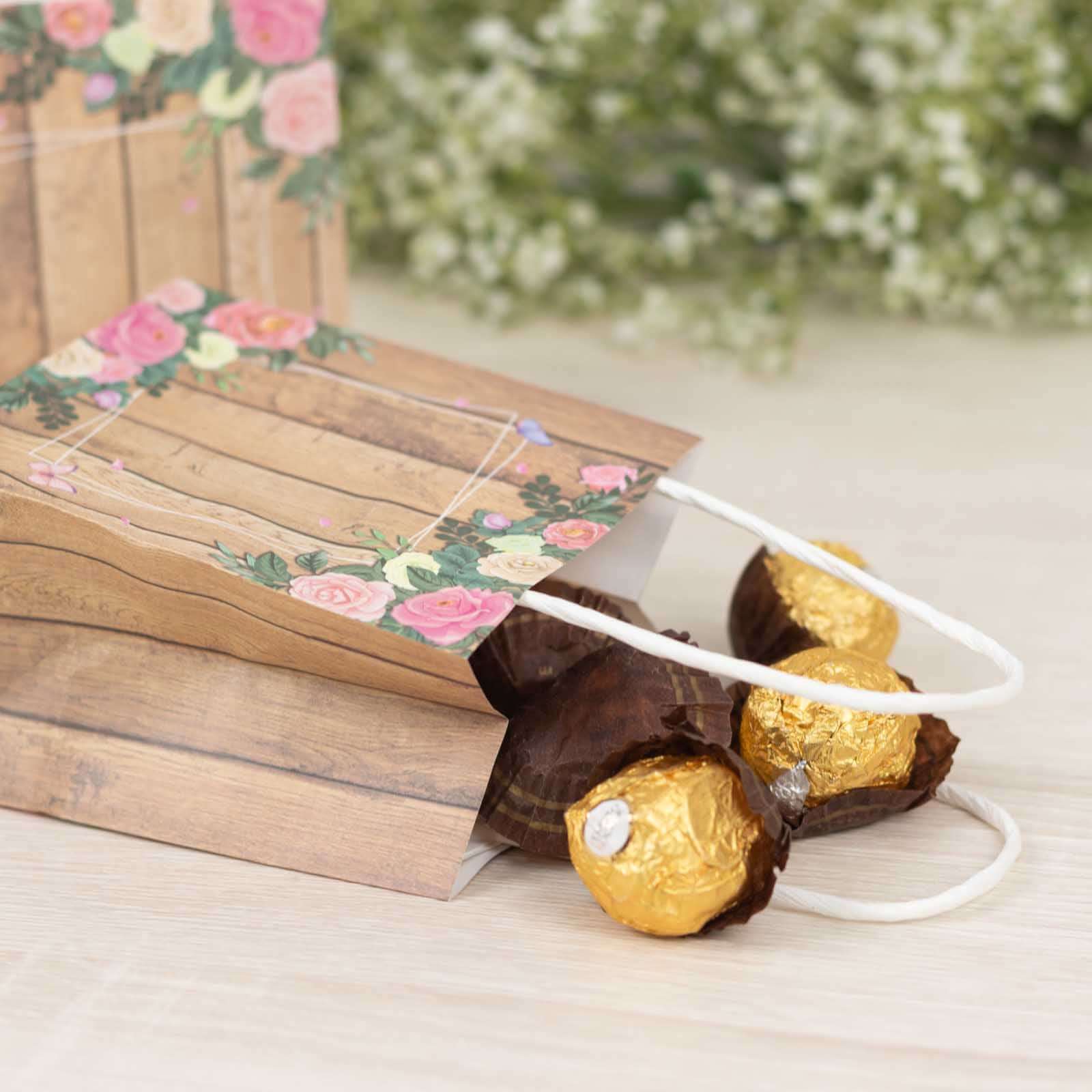 12 Pack Natural Wood Print Paper Party Favor Bags with Rose Floral Accent, Small Gift Goodie Bags With Handles - 4"x5" - Bell Racket Store
