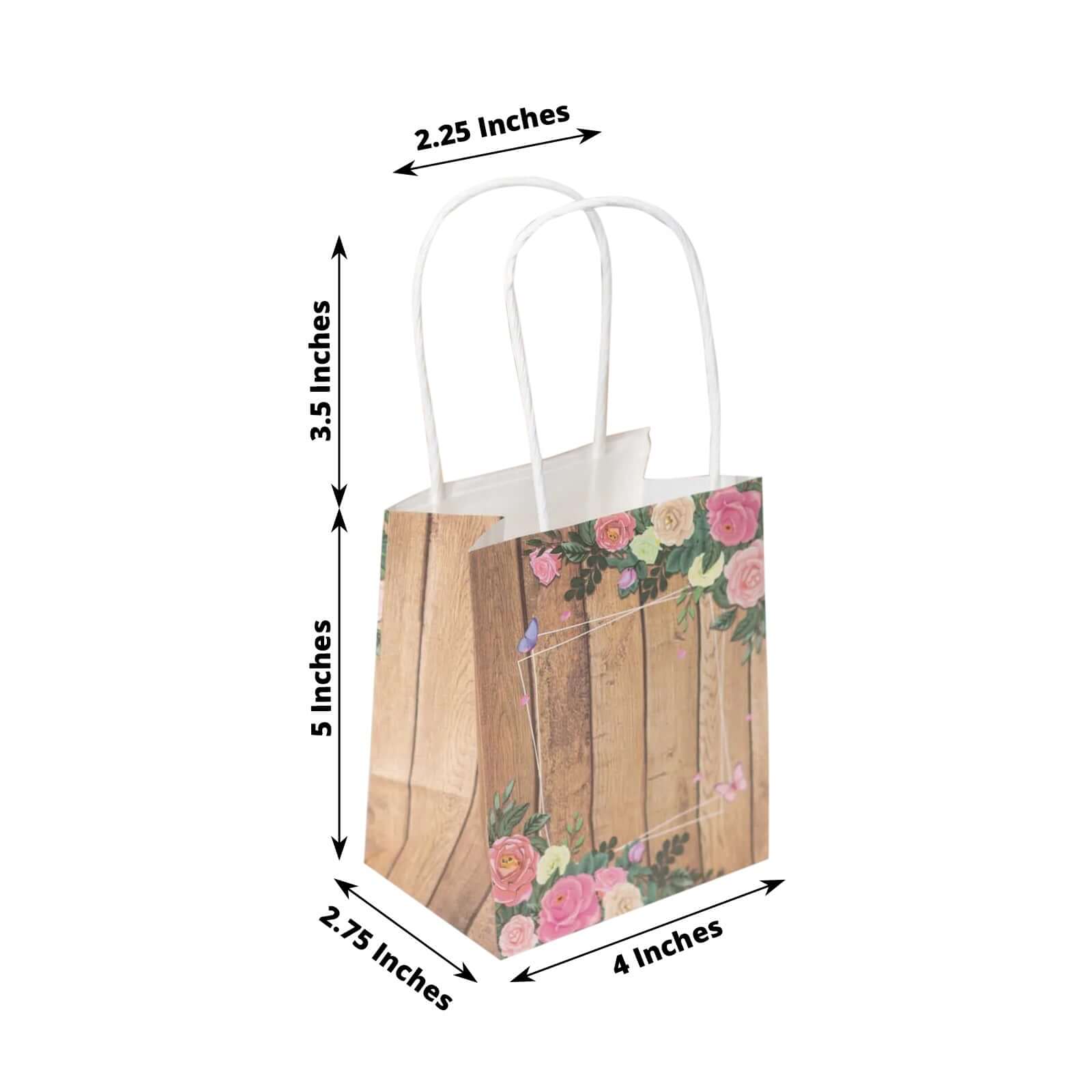 12 Pack Natural Wood Print Paper Party Favor Bags with Rose Floral Accent, Small Gift Goodie Bags With Handles - 4"x5" - Bell Racket Store