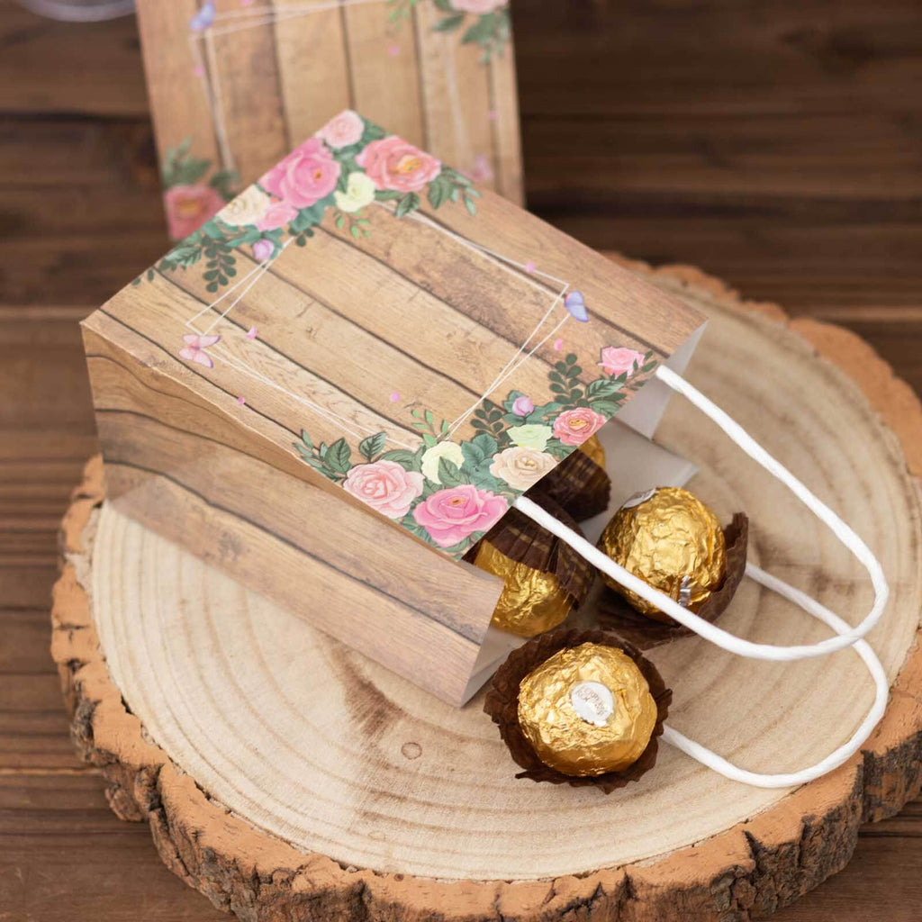 12 Pack Natural Wood Print Paper Party Favor Bags with Rose Floral Accent, Small Gift Goodie Bags With Handles - 4"x5" - Bell Racket Store