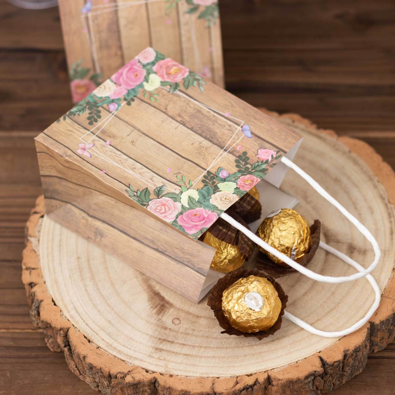 12 Pack Natural Wood Print Paper Party Favor Bags with Rose Floral Accent, Small Gift Goodie Bags With Handles - 4"x5" - Bell Racket Store