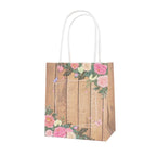 12 Pack Natural Wood Print Paper Party Favor Bags with Rose Floral Accent, Small Gift Goodie Bags With Handles - 4"x5" - Bell Racket Store
