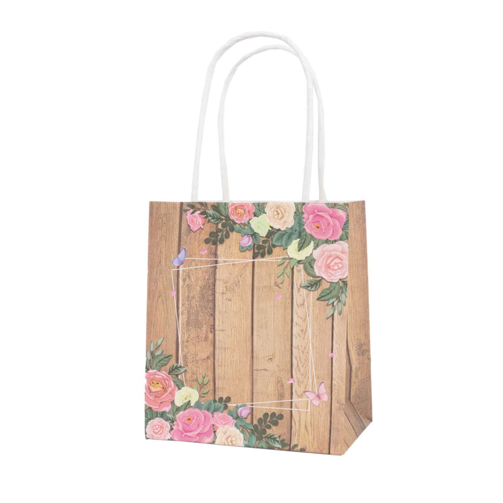 12 Pack Natural Wood Print Paper Party Favor Bags with Rose Floral Accent, Small Gift Goodie Bags With Handles - 4"x5" - Bell Racket Store