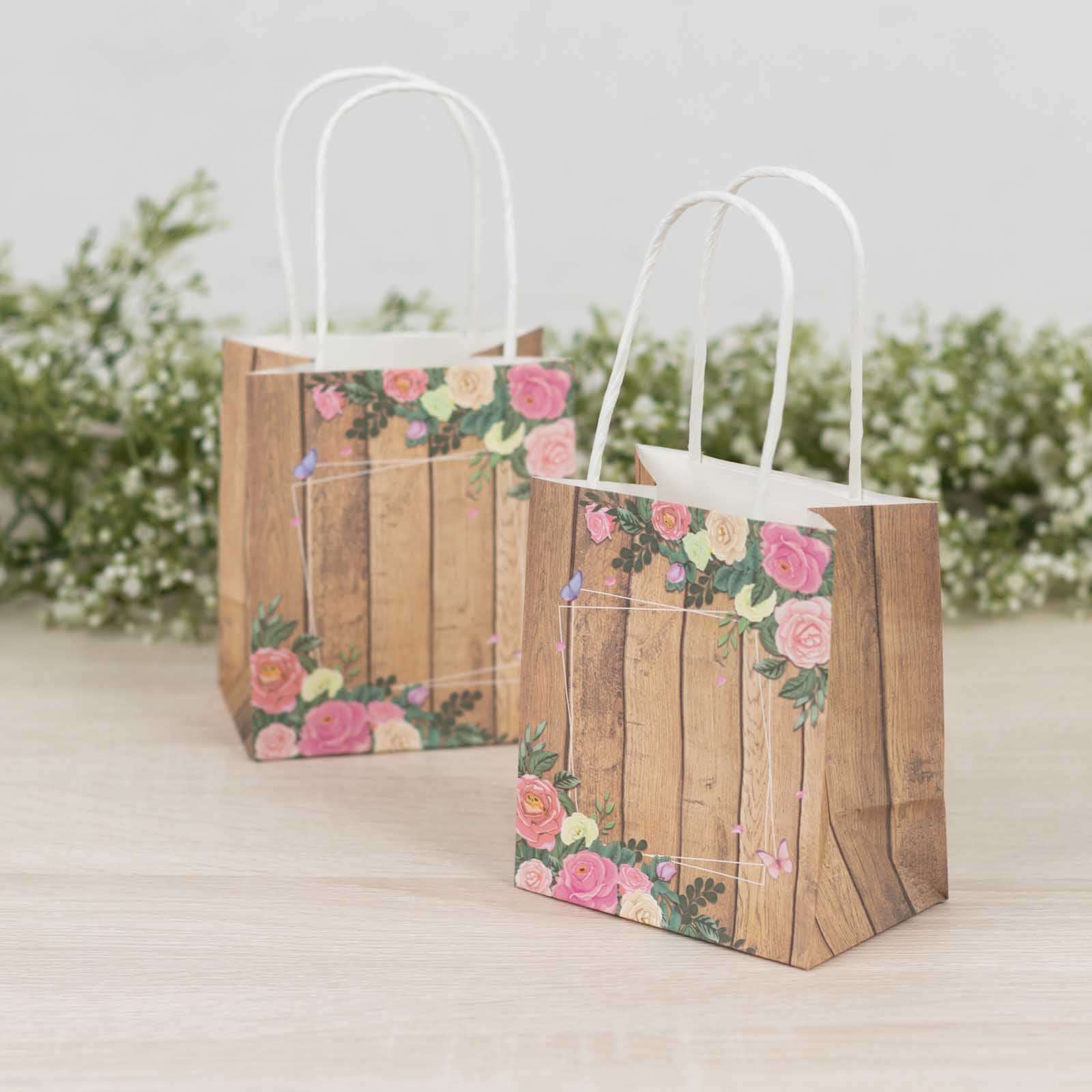 12 Pack Natural Wood Print Paper Party Favor Bags with Rose Floral Accent, Small Gift Goodie Bags With Handles - 4"x5" - Bell Racket Store