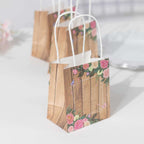 12 Pack Natural Wood Print Paper Party Favor Bags with Rose Floral Accent, Small Gift Goodie Bags With Handles - 4"x5" - Bell Racket Store