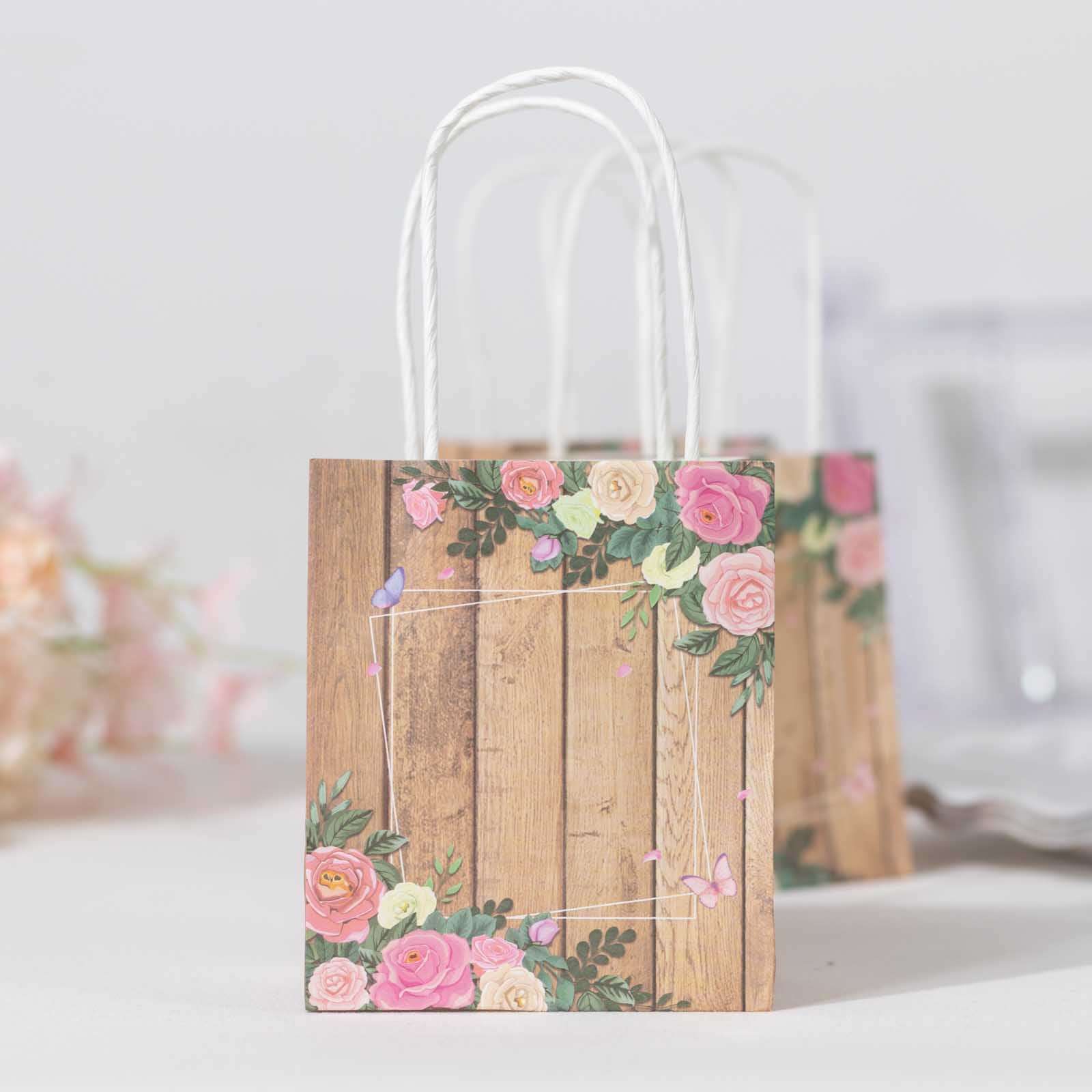 12 Pack Natural Wood Print Paper Party Favor Bags with Rose Floral Accent, Small Gift Goodie Bags With Handles - 4"x5" - Bell Racket Store