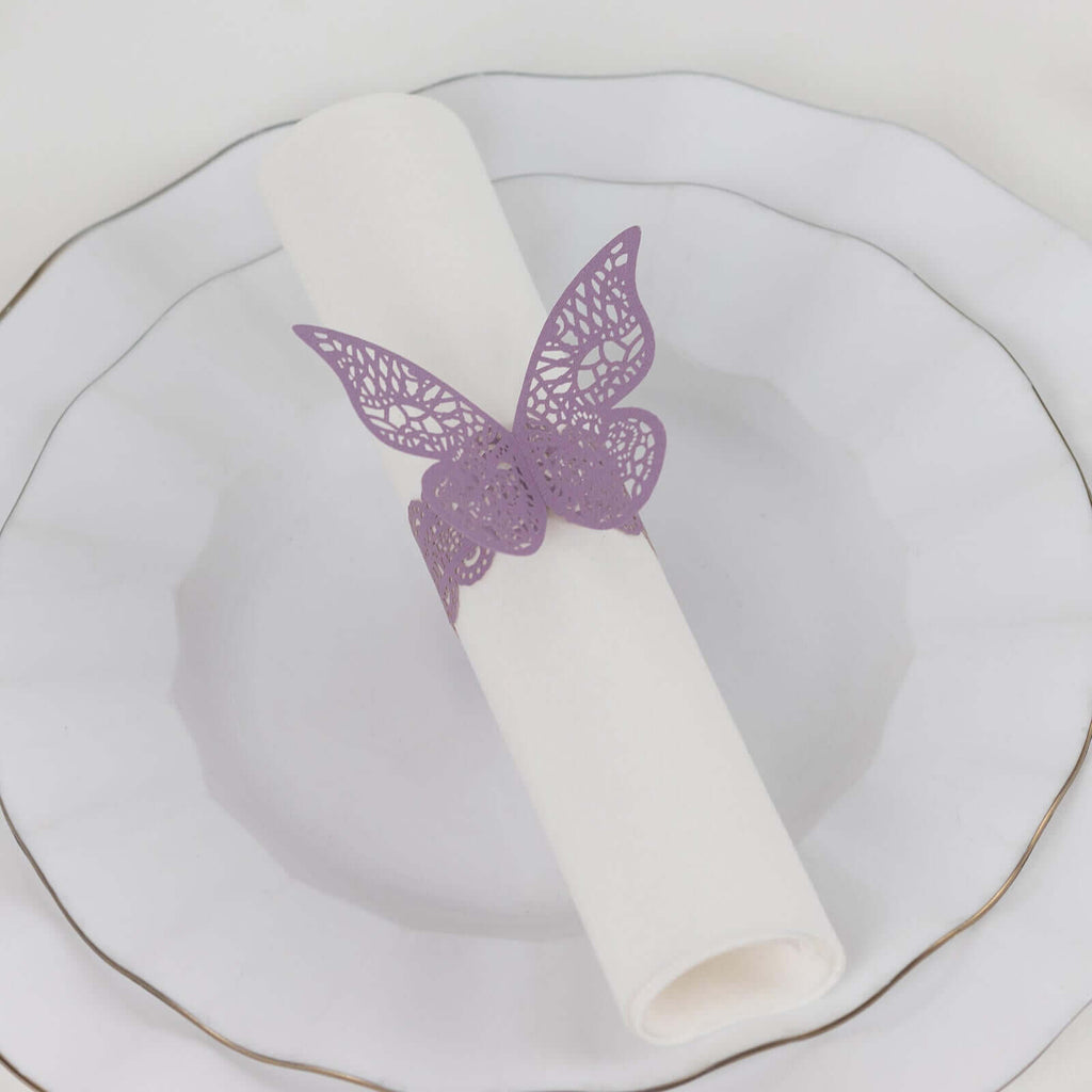 12 - Pack Paper Napkin Rings Laser Cut Butterfly Lavender Shimmery - Decorative Serviette Holders - Bell Racket Store