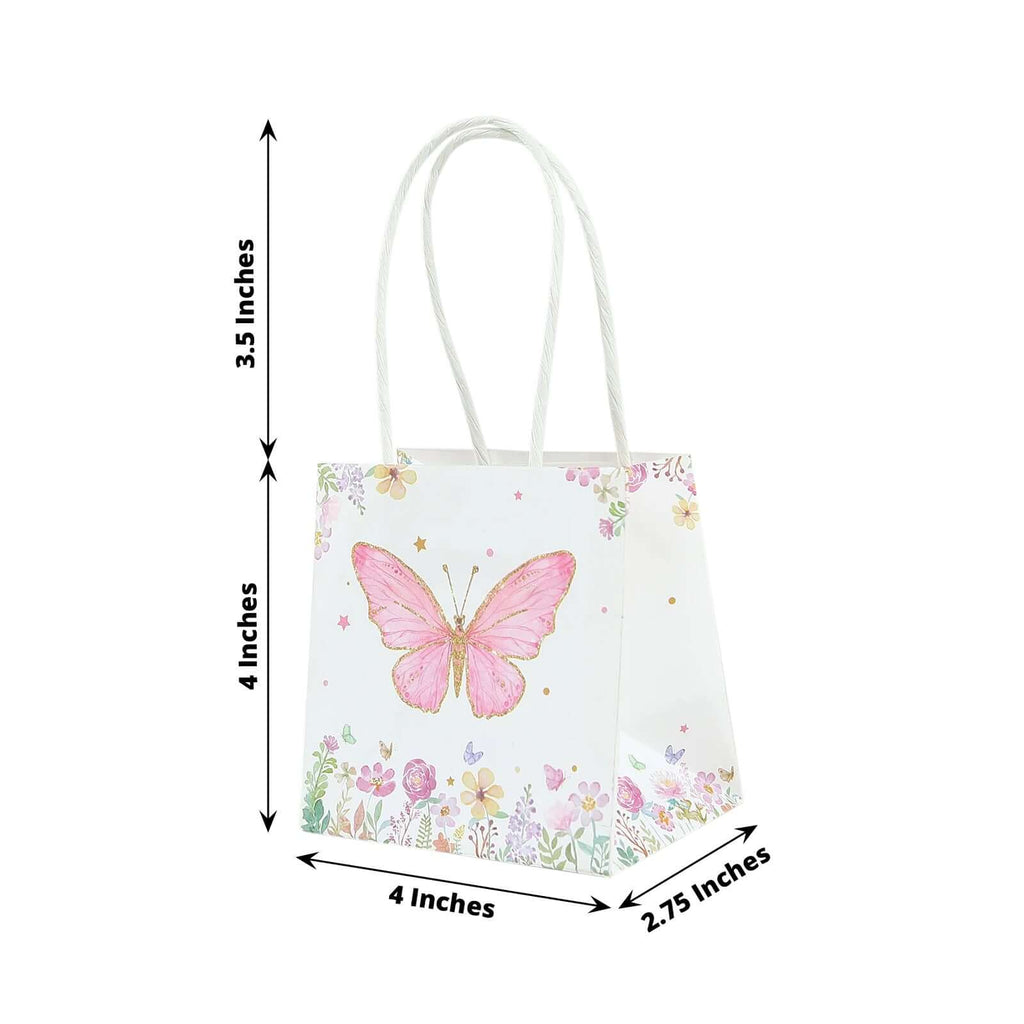 12 Pack Pink Glitter Butterfly Paper Favor Bags With Handles, Floral Print White Goodie Gift Bags - 4"x4" - Bell Racket Store