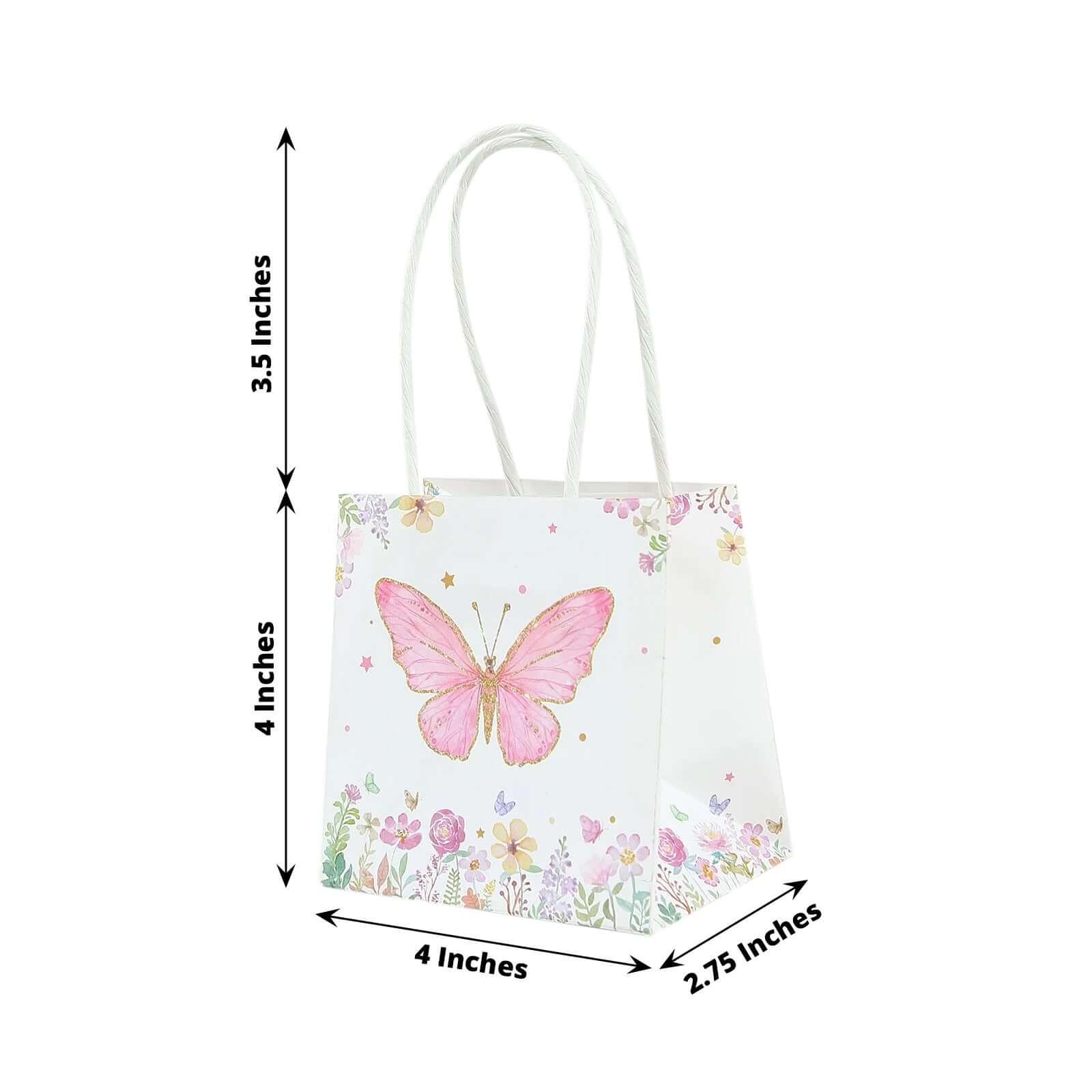 12 Pack Pink Glitter Butterfly Paper Favor Bags With Handles, Floral Print White Goodie Gift Bags - 4"x4" - Bell Racket Store