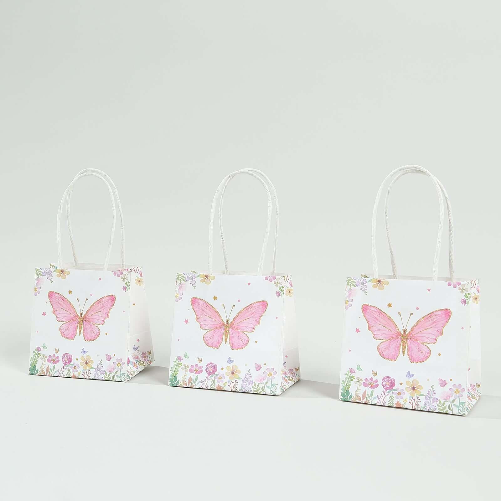 12 Pack Pink Glitter Butterfly Paper Favor Bags With Handles, Floral Print White Goodie Gift Bags - 4"x4" - Bell Racket Store