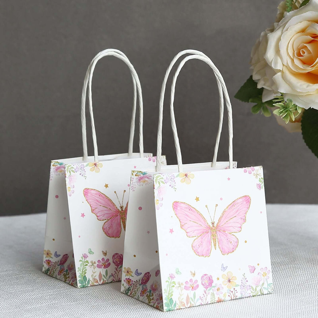 12 Pack Pink Glitter Butterfly Paper Favor Bags With Handles, Floral Print White Goodie Gift Bags - 4"x4" - Bell Racket Store