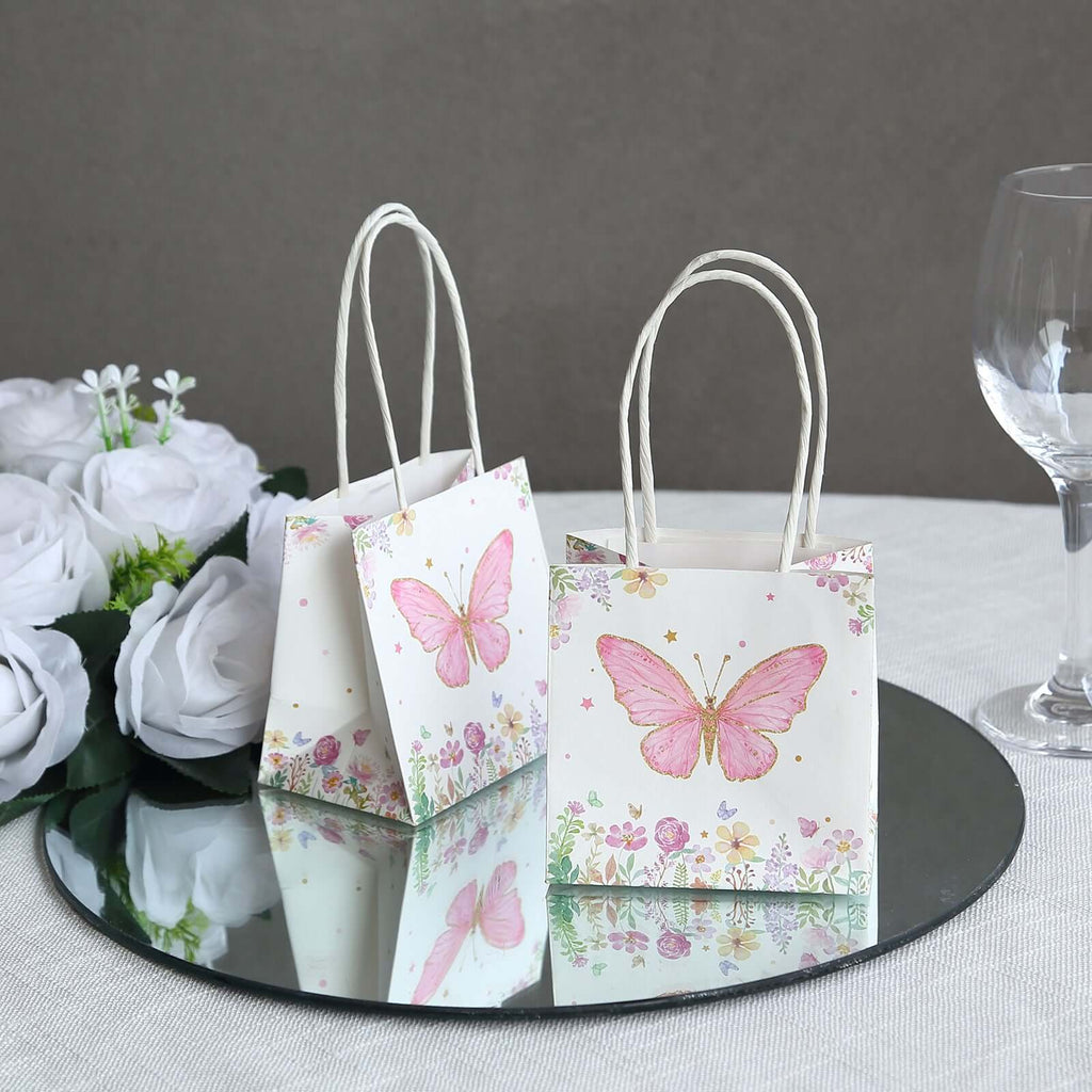 12 Pack Pink Glitter Butterfly Paper Favor Bags With Handles, Floral Print White Goodie Gift Bags - 4"x4" - Bell Racket Store