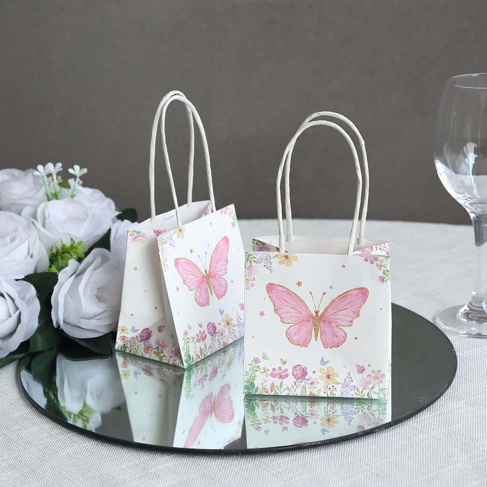12 Pack Pink Glitter Butterfly Paper Favor Bags With Handles, Floral Print White Goodie Gift Bags - 4"x4" - Bell Racket Store