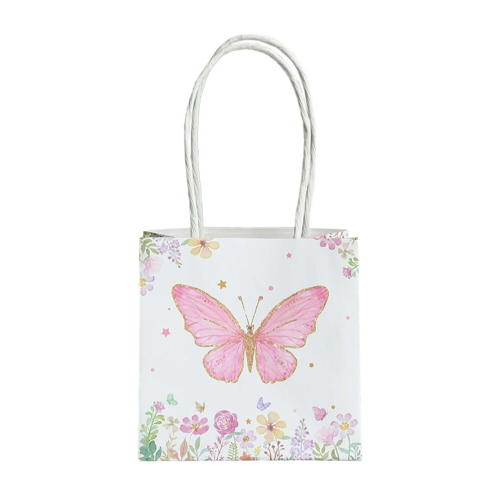 12 Pack Pink Glitter Butterfly Paper Favor Bags With Handles, Floral Print White Goodie Gift Bags - 4"x4" - Bell Racket Store