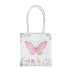 12 Pack Pink Glitter Butterfly Paper Favor Bags With Handles, Floral Print White Goodie Gift Bags - 4"x4" - Bell Racket Store