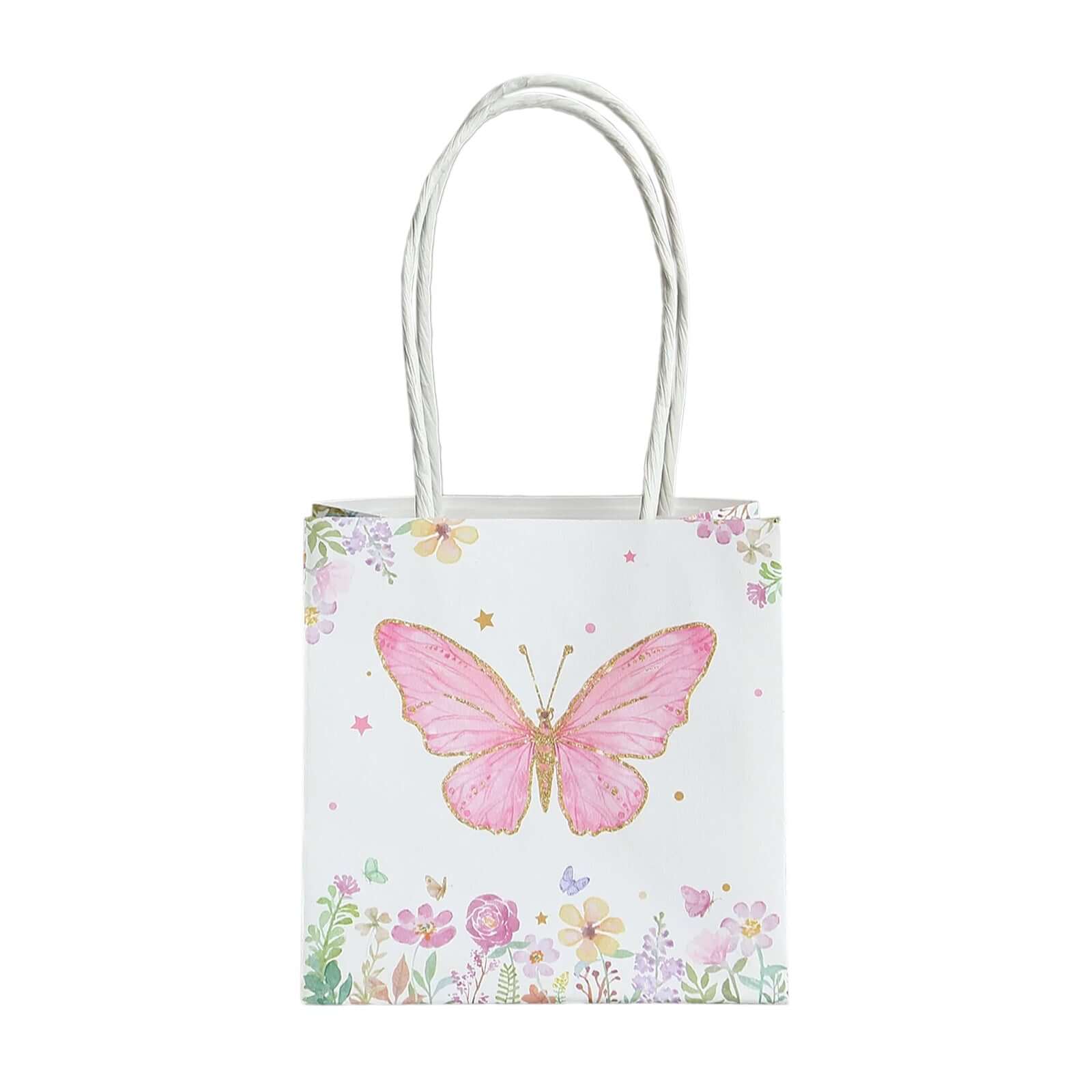 12 Pack Pink Glitter Butterfly Paper Favor Bags With Handles, Floral Print White Goodie Gift Bags - 4"x4" - Bell Racket Store