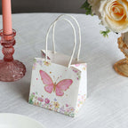 12 Pack Pink Glitter Butterfly Paper Favor Bags With Handles, Floral Print White Goodie Gift Bags - 4"x4" - Bell Racket Store