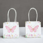 12 Pack Pink Glitter Butterfly Paper Favor Bags With Handles, Floral Print White Goodie Gift Bags - 4"x4" - Bell Racket Store