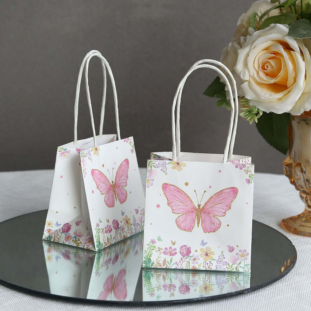 12 Pack Pink Glitter Butterfly Paper Favor Bags With Handles, Floral Print White Goodie Gift Bags - 4"x4" - Bell Racket Store