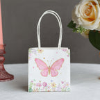 12 Pack Pink Glitter Butterfly Paper Favor Bags With Handles, Floral Print White Goodie Gift Bags - 4"x4" - Bell Racket Store