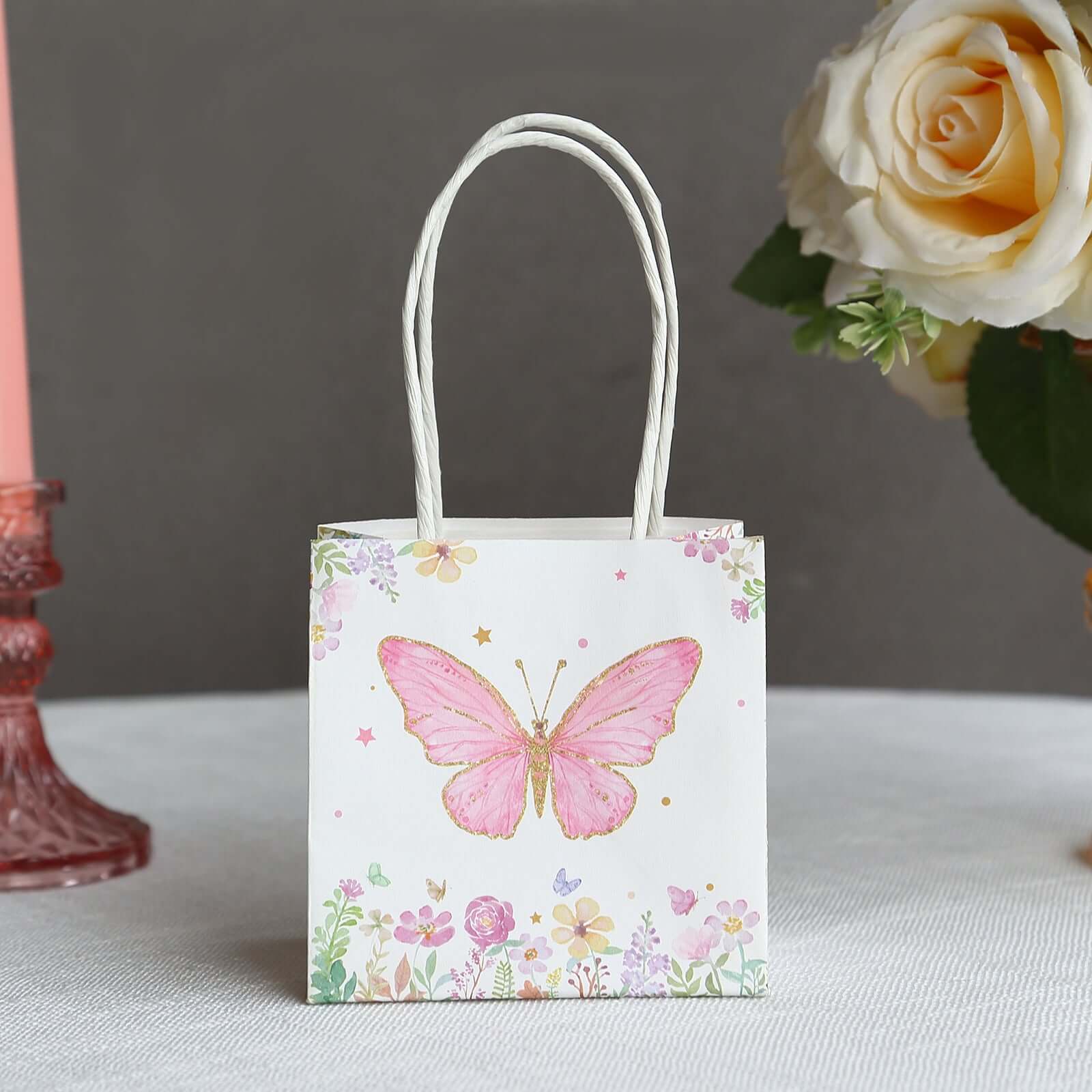 12 Pack Pink Glitter Butterfly Paper Favor Bags With Handles, Floral Print White Goodie Gift Bags - 4"x4" - Bell Racket Store