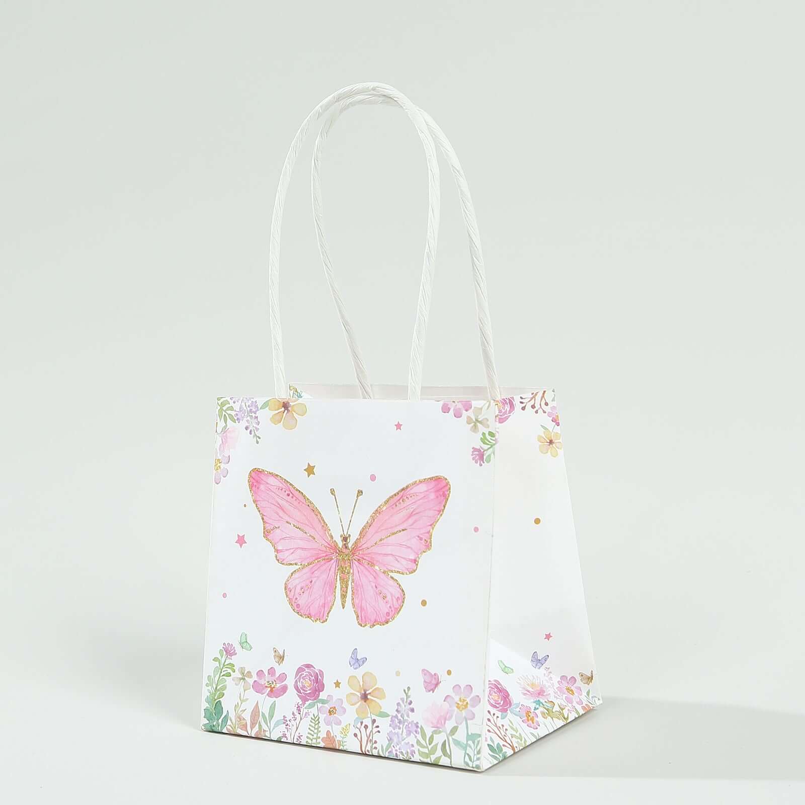 12 Pack Pink Glitter Butterfly Paper Favor Bags With Handles, Floral Print White Goodie Gift Bags - 4"x4" - Bell Racket Store