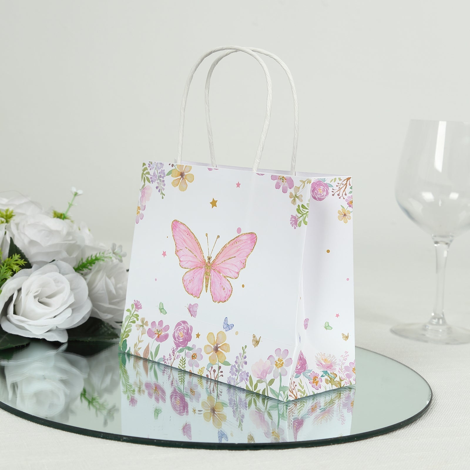12 Pack Pink Glitter Butterfly Paper Favor Bags with Handles, Floral Print White Goodie Gift Bags - 6"x7" - Bell Racket Store