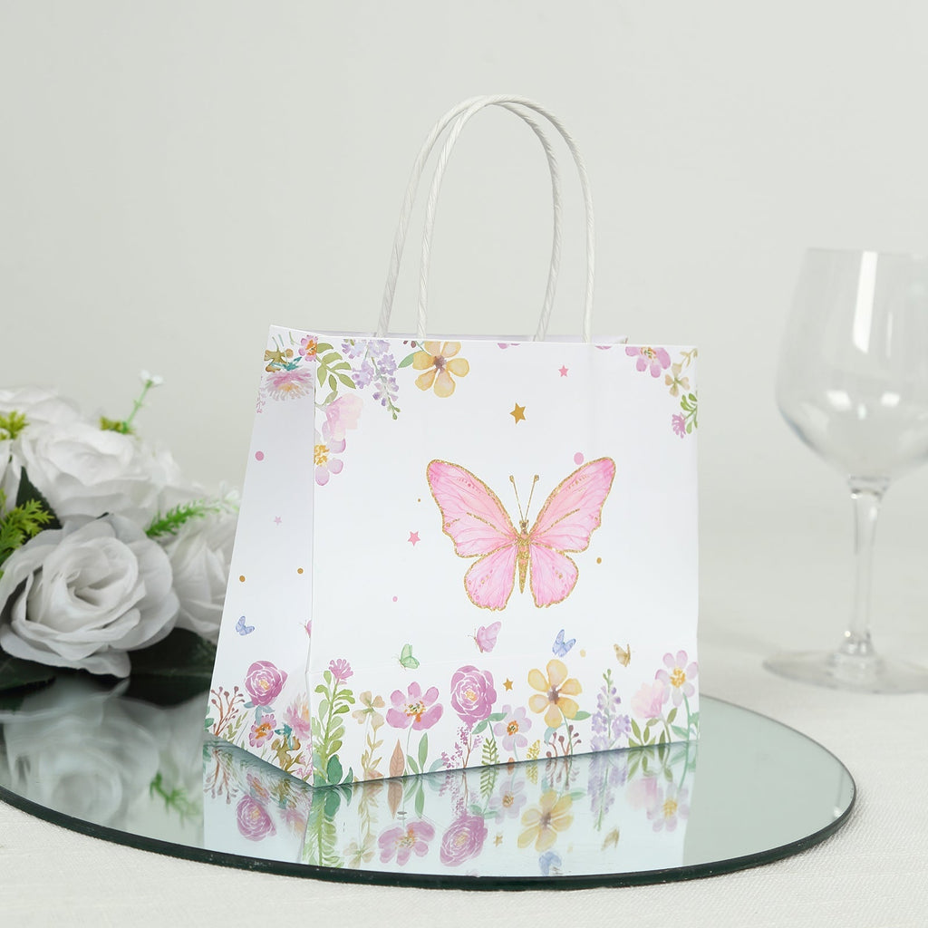 12 Pack Pink Glitter Butterfly Paper Favor Bags with Handles, Floral Print White Goodie Gift Bags - 6"x7" - Bell Racket Store