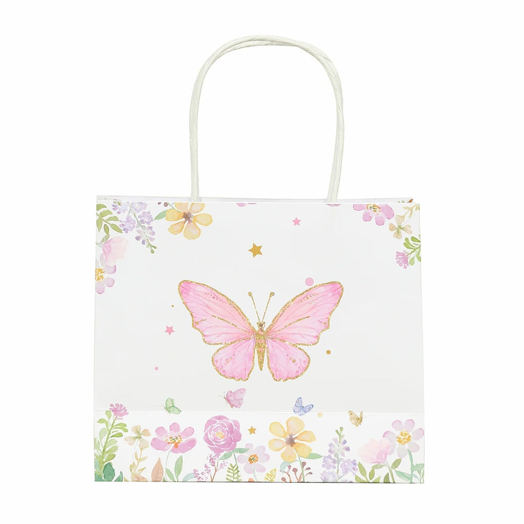 12 Pack Pink Glitter Butterfly Paper Favor Bags with Handles, Floral Print White Goodie Gift Bags - 6"x7" - Bell Racket Store