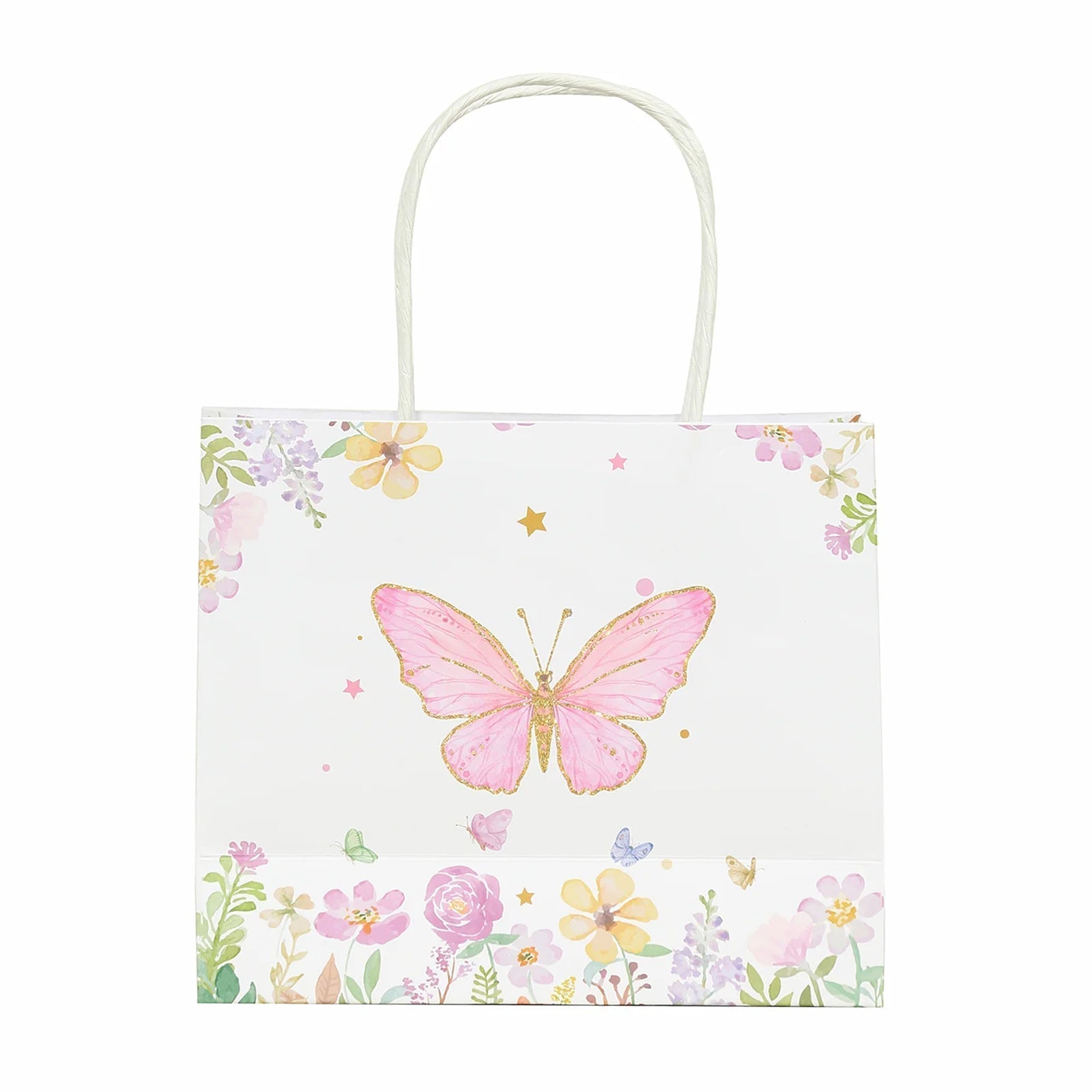 12 Pack Pink Glitter Butterfly Paper Favor Bags with Handles, Floral Print White Goodie Gift Bags - 6"x7" - Bell Racket Store