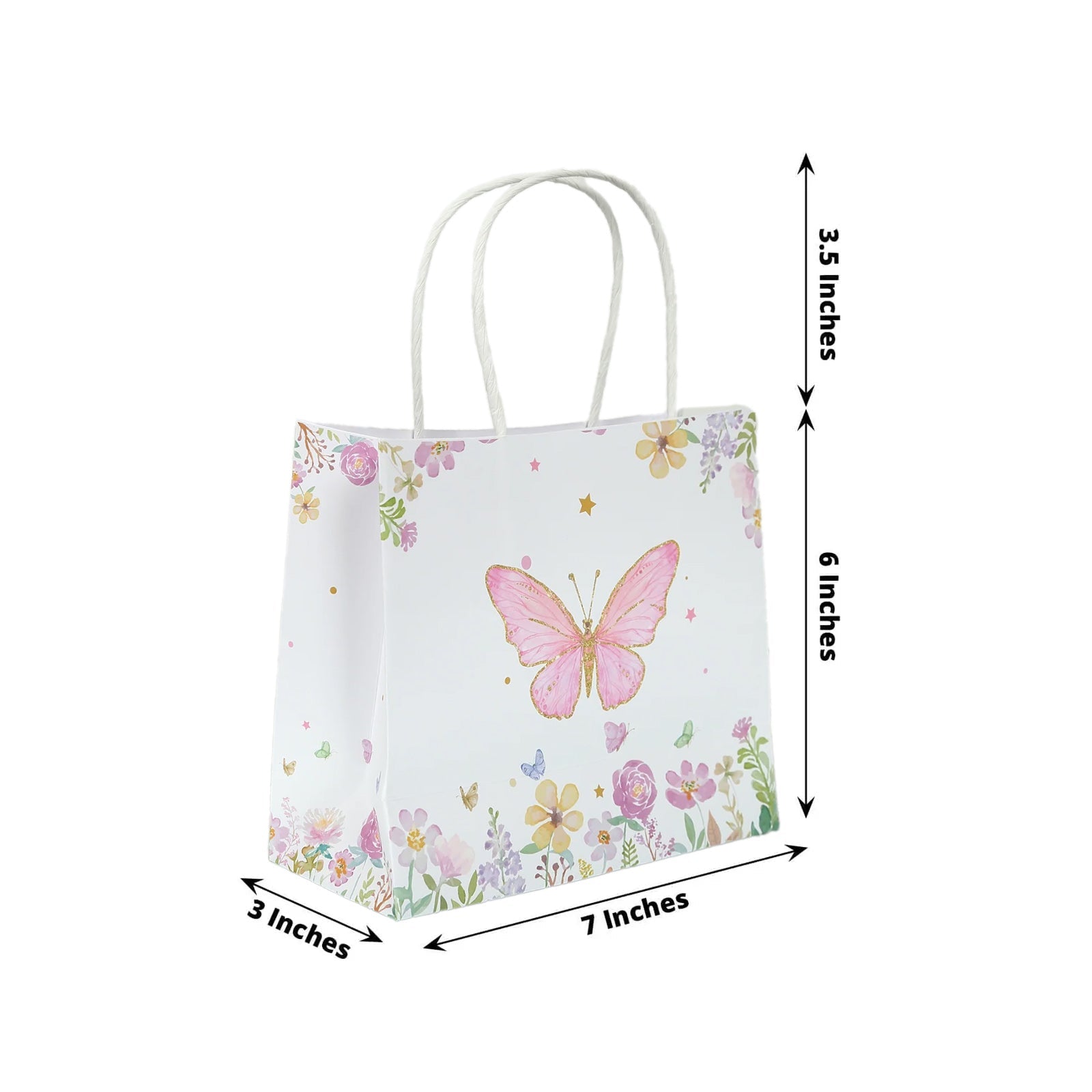 12 Pack Pink Glitter Butterfly Paper Favor Bags with Handles, Floral Print White Goodie Gift Bags - 6"x7" - Bell Racket Store