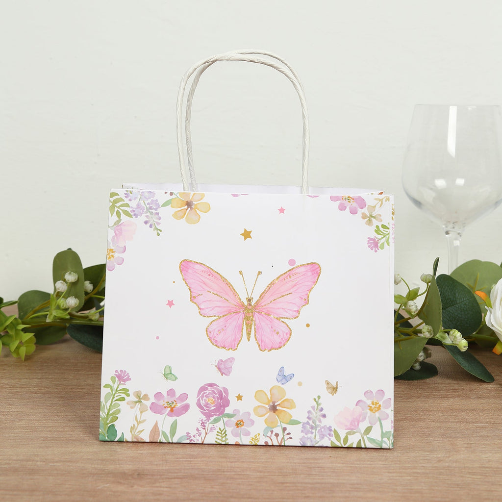 12 Pack Pink Glitter Butterfly Paper Favor Bags with Handles, Floral Print White Goodie Gift Bags - 6"x7" - Bell Racket Store